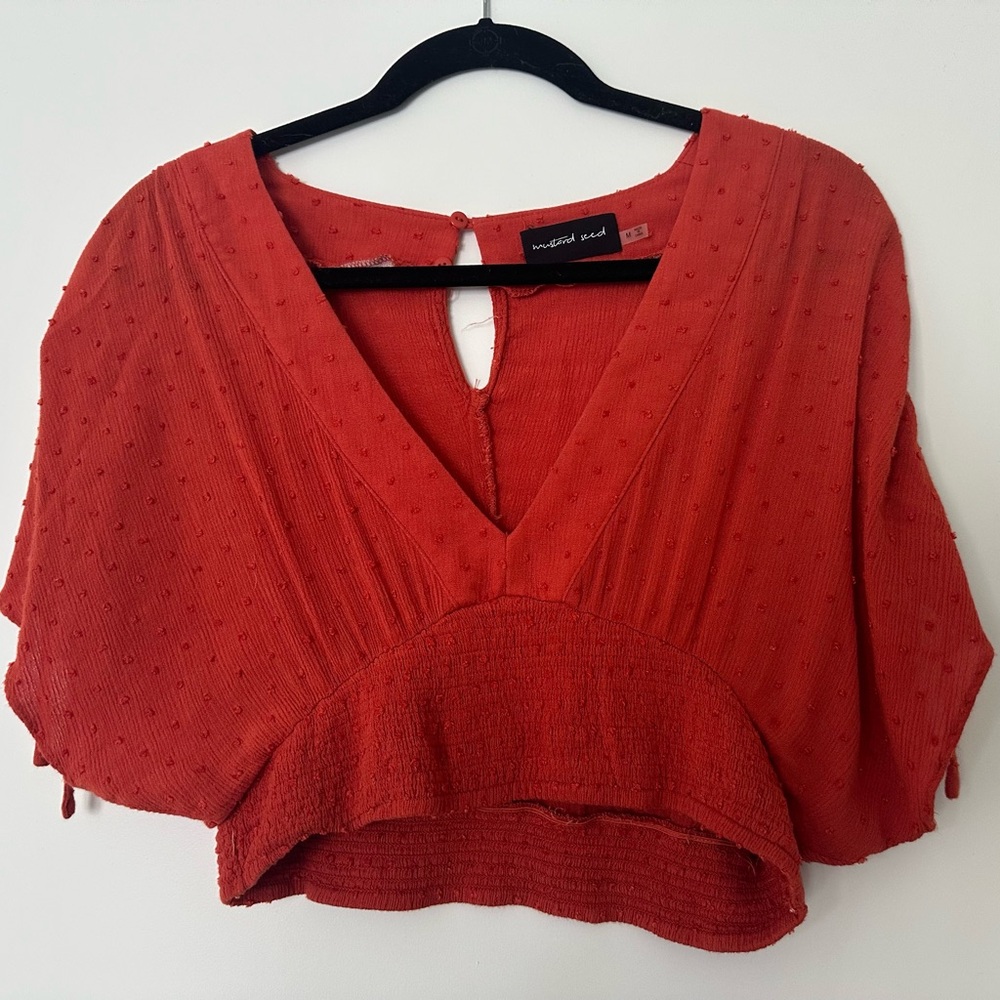 Mustard Seed Orange Flutter Sleeve Crop Blouse